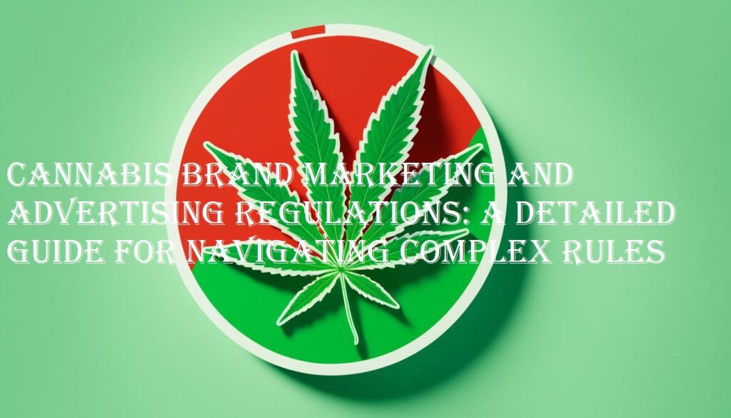 Cannabis Brand Marketing Advertising Regulations: A caution sign with cannabis leaf, text "Compliance is key", and legal disclaimer at the bottom.