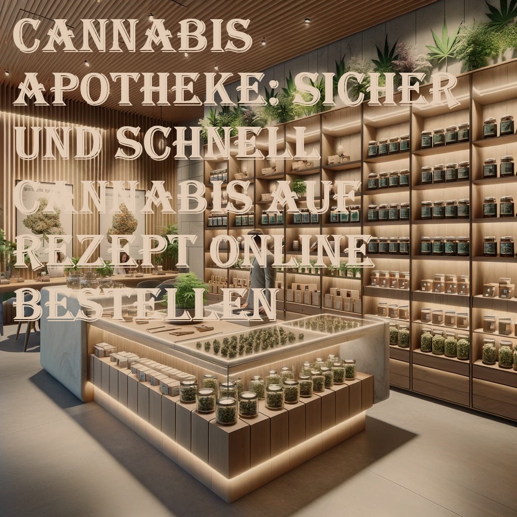 Eine Cannabis-Apotheke mit Regalen voller Gläser, die eine Vielzahl von Cannabisprodukten zum Verkauf anbieten.